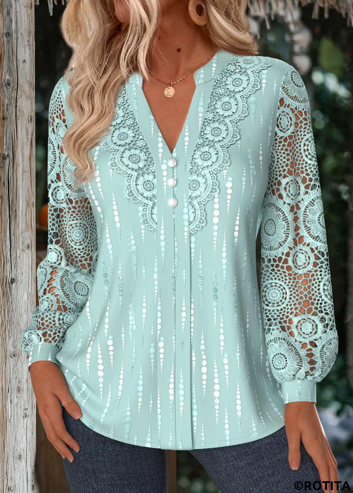 Mint Green tops,Geometric tops,ROTITA Tummy Coverage Geometric Print Mint Green Split Neck Shirt