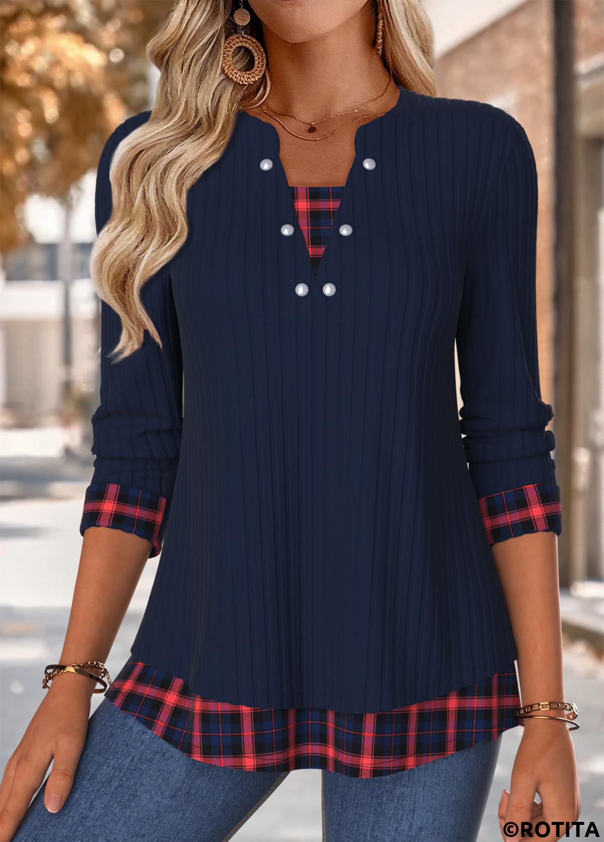 Navy tops,Plaid tops,Geometric tops,ROTITA Tummy Coverage Plaid Navy Split Neck 3/4 Sleeve Blouse
