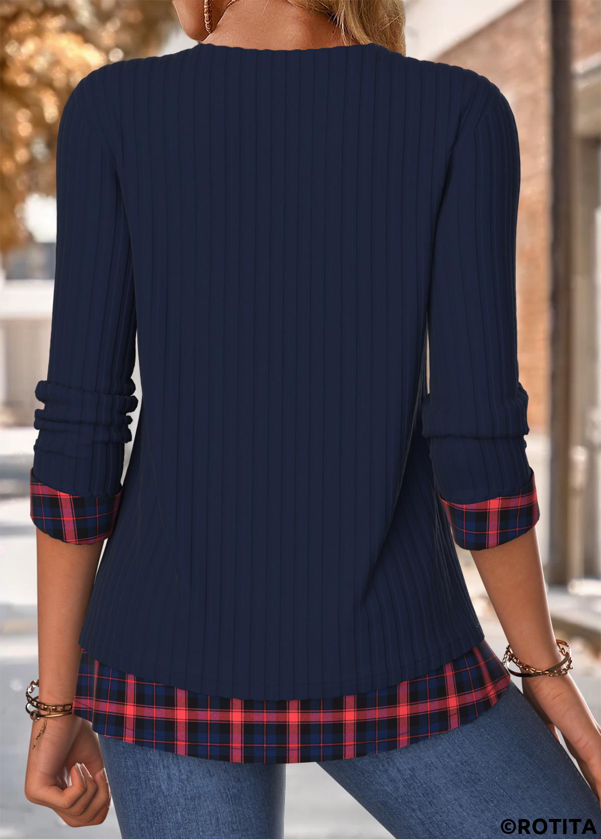 Navy tops,Plaid tops,Geometric tops,ROTITA Tummy Coverage Plaid Navy Split Neck 3/4 Sleeve Blouse