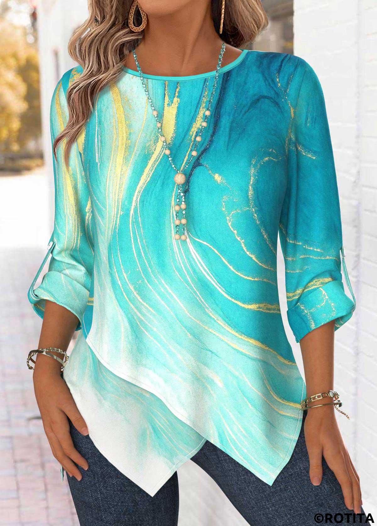 Mint Green tops,Ombre tops,ROTITA Tummy Coverage Ombre Mint Green Round Neck Blouse