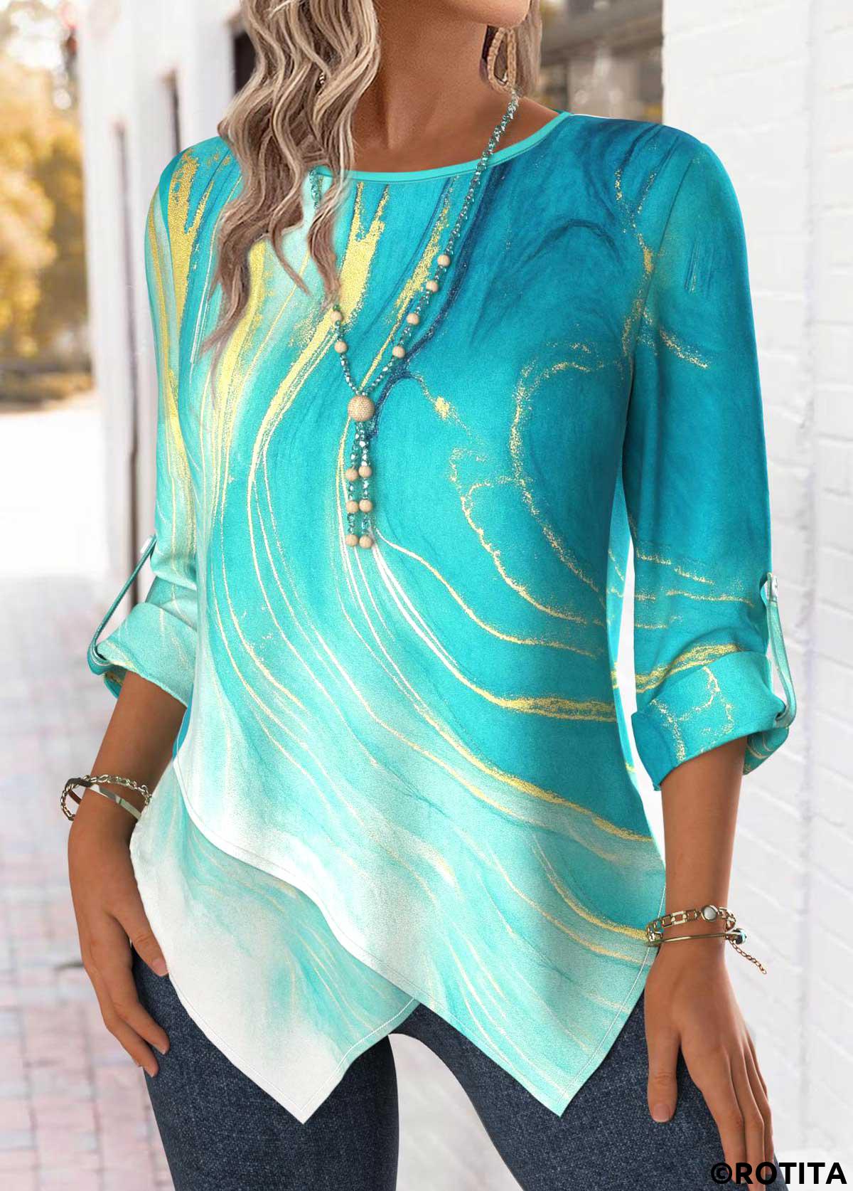 Mint Green tops,Ombre tops,ROTITA Tummy Coverage Ombre Mint Green Round Neck Blouse