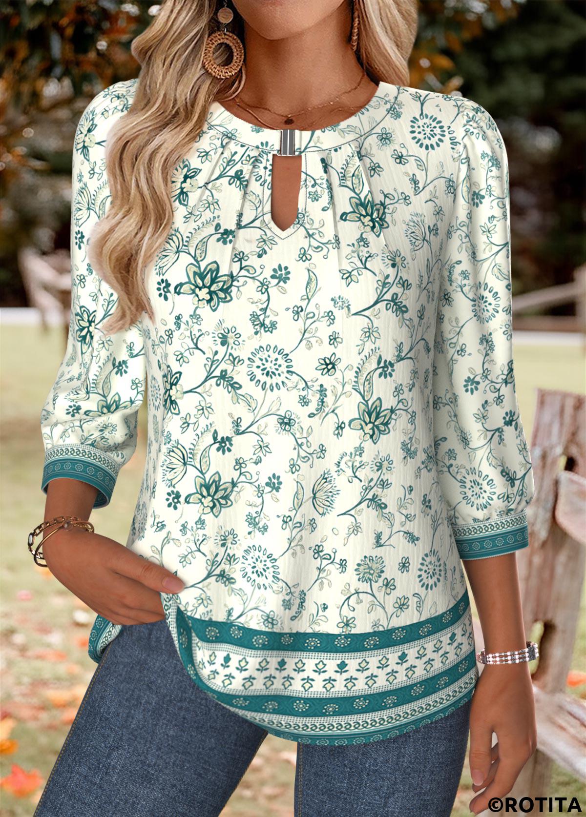 Turquoise tops,Floral tops,Plants tops,ROTITA Tummy Coverage Floral Print Turquoise Round Neck T Shirt