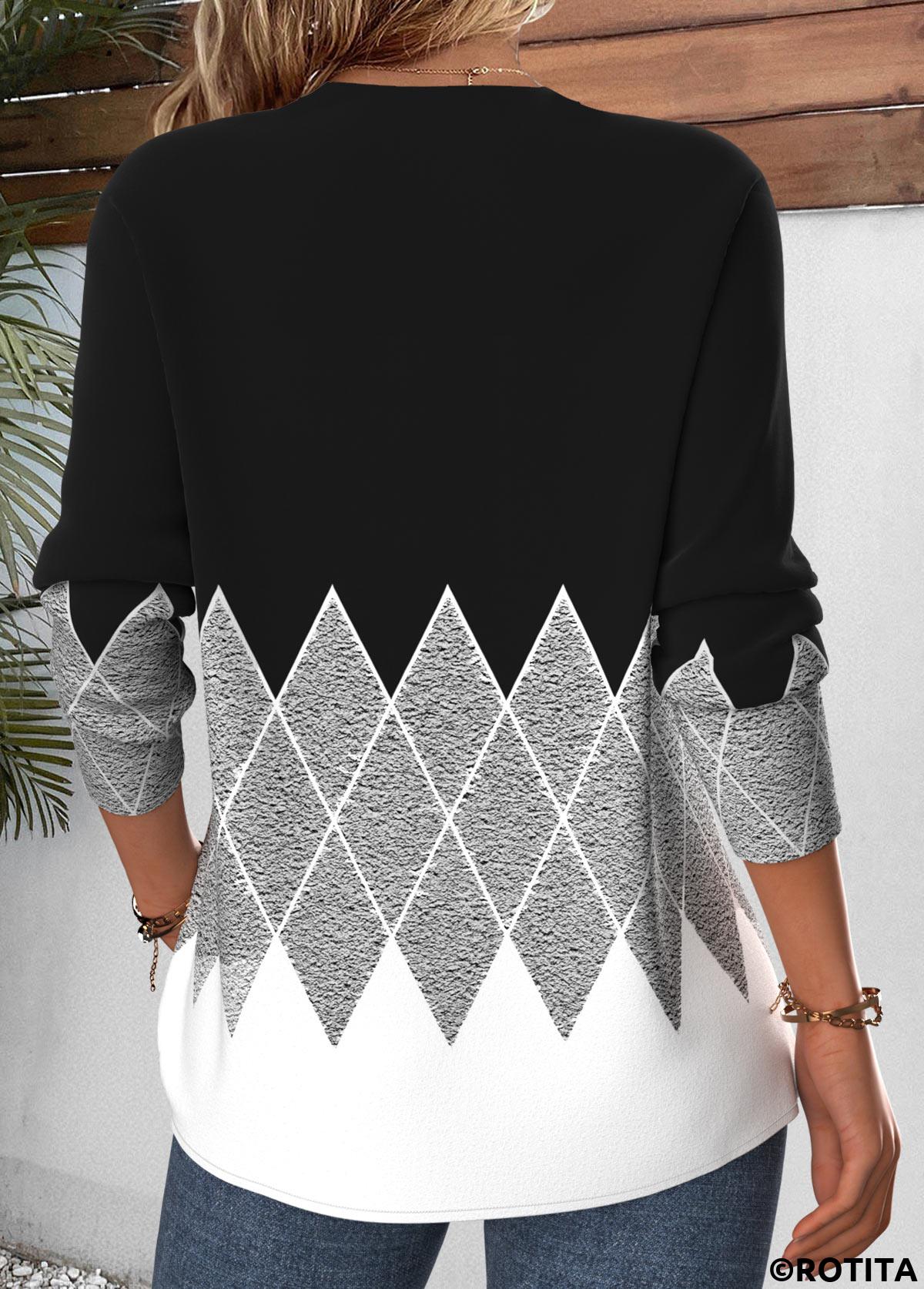Grey tops,Geometric tops,ROTITA Tummy Coverage Geometric Print Grey Long Sleeve T Shirt