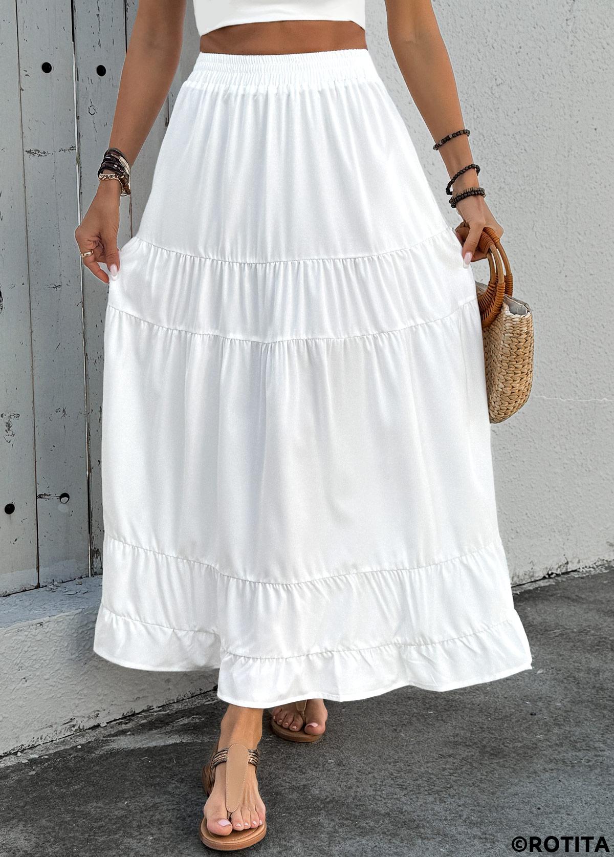 White bottoms,Plain Color bottoms,Pocket White Maxi Elastic Waist A Line Skirt