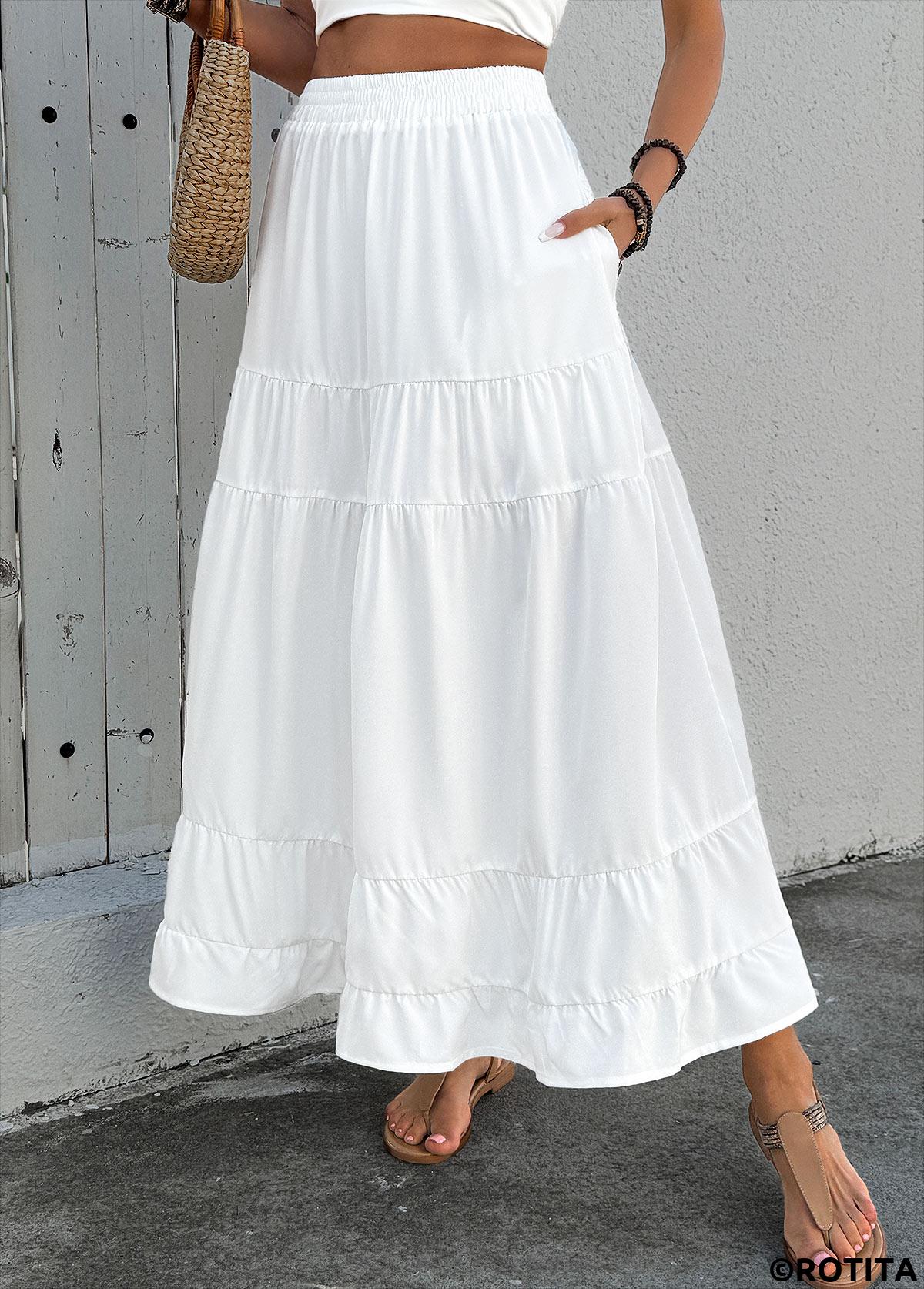 White bottoms,Plain Color bottoms,Pocket White Maxi Elastic Waist A Line Skirt