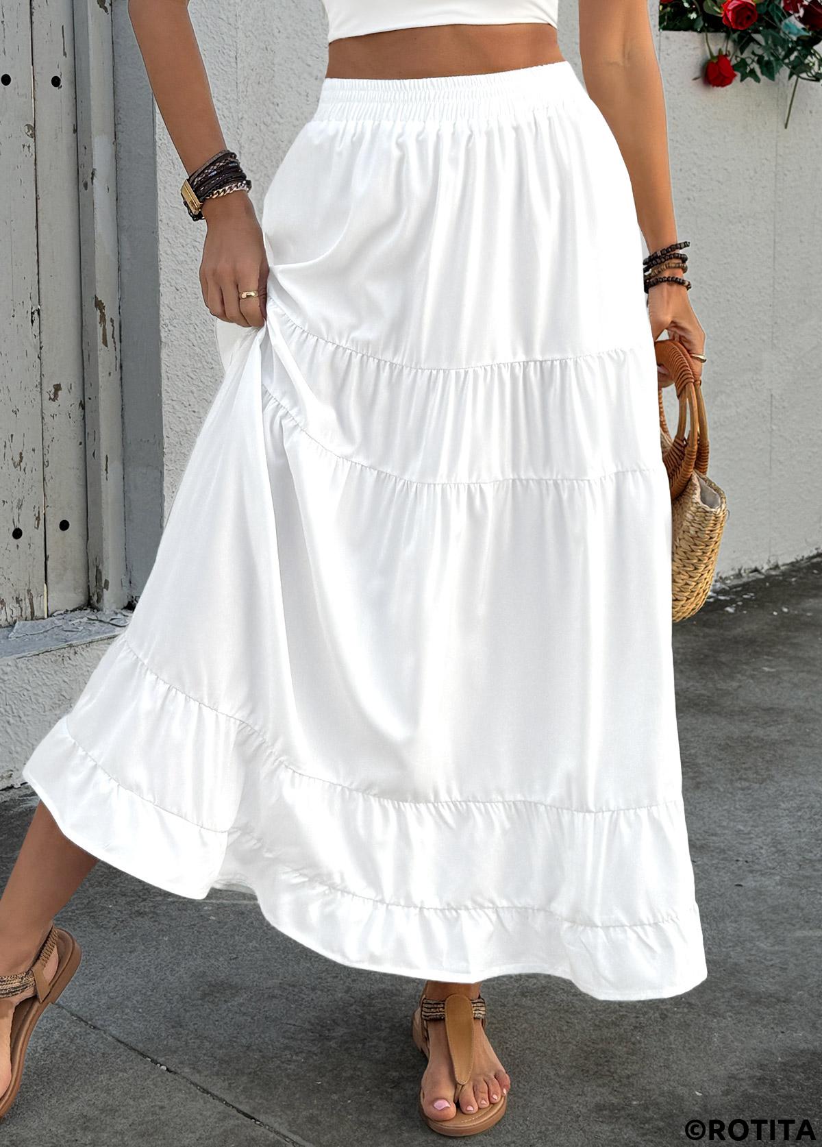 White bottoms,Plain Color bottoms,Pocket White Maxi Elastic Waist A Line Skirt