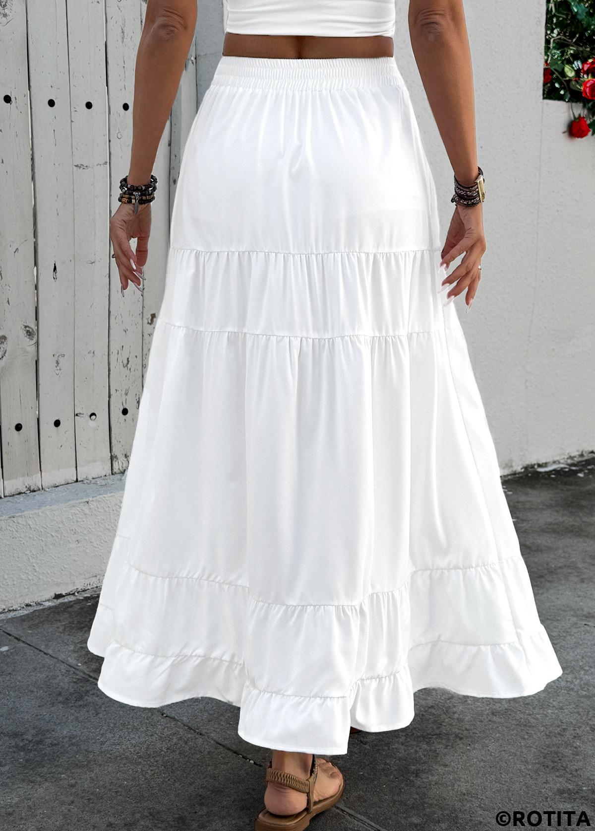 White bottoms,Plain Color bottoms,Pocket White Maxi Elastic Waist A Line Skirt