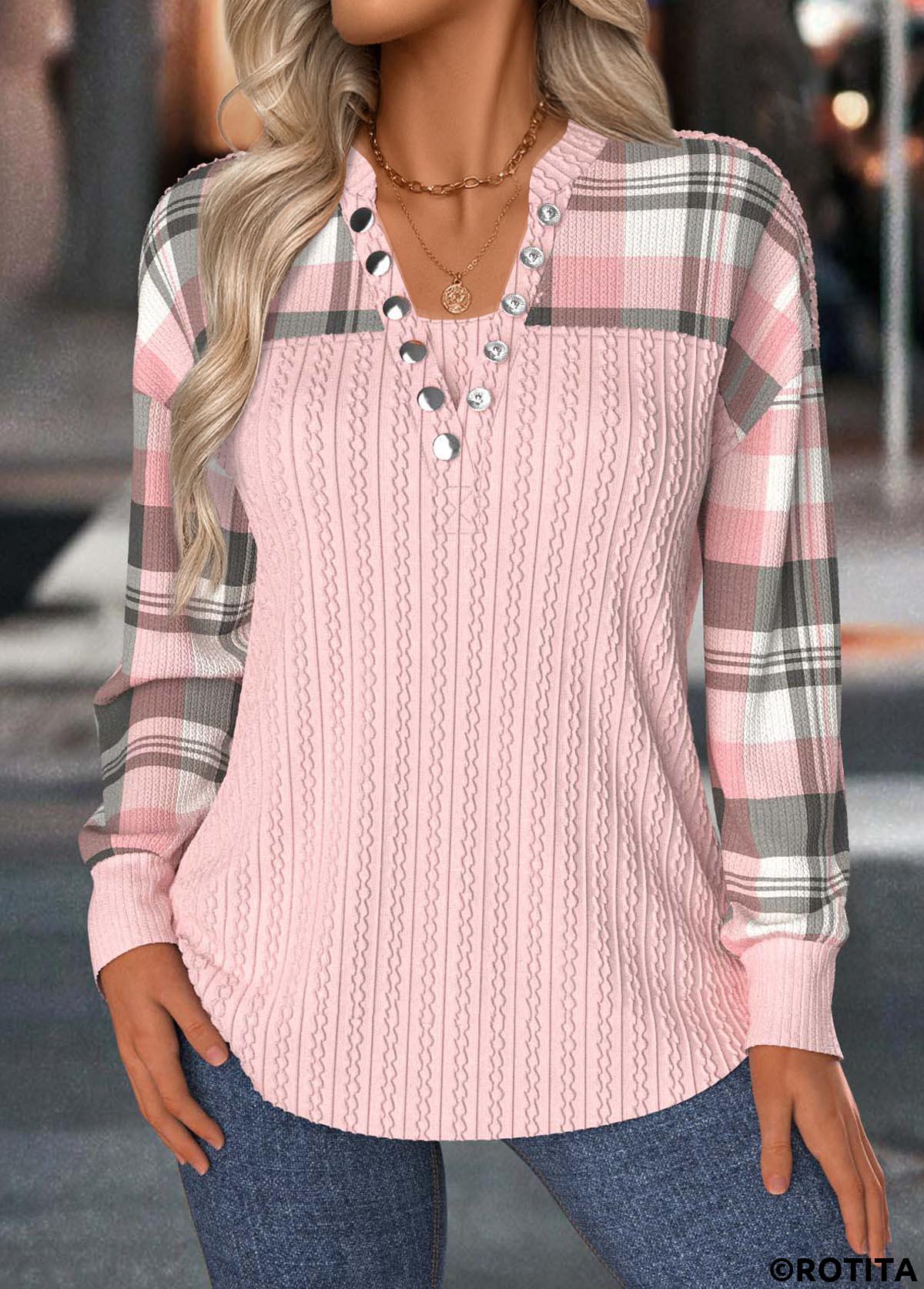 Light Pink tops,Plaid tops,Geometric tops,ROTITA Tummy Coverage Plaid Light Pink Split Neck Sweatshirt