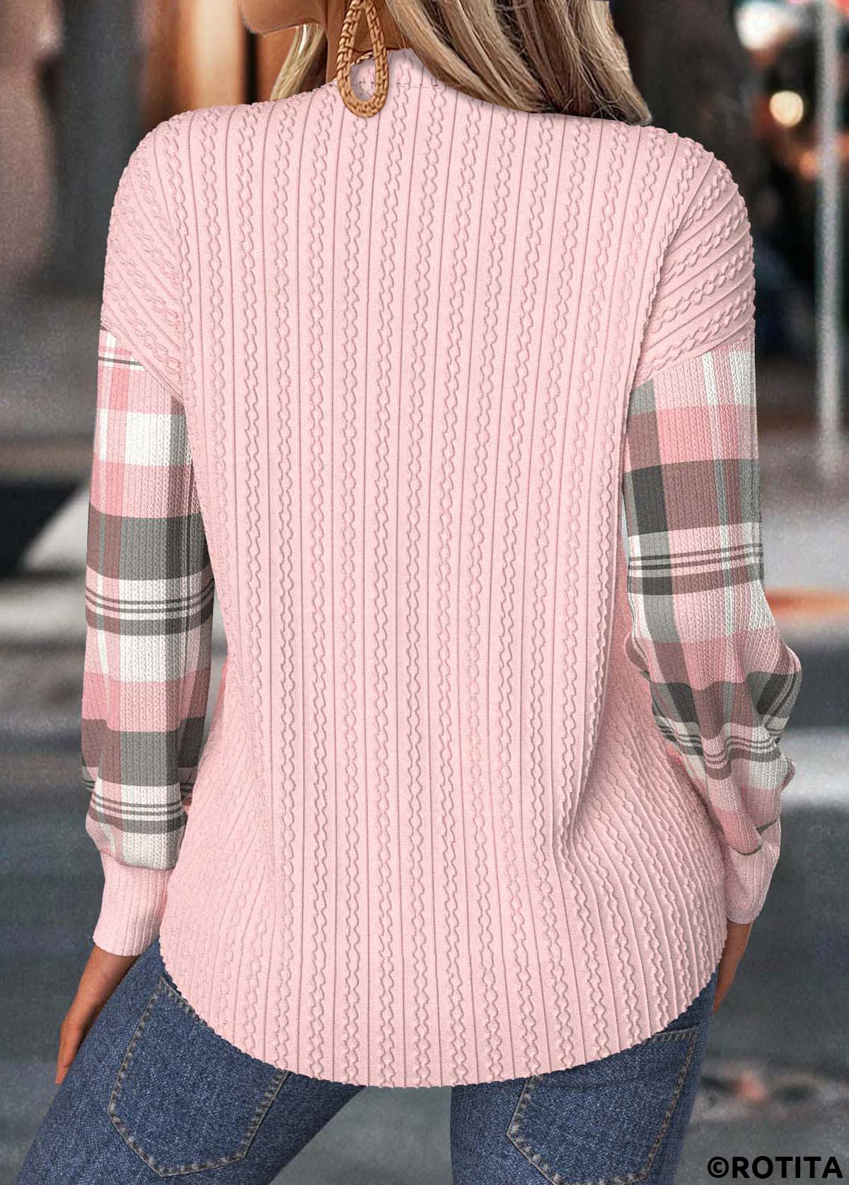 Light Pink tops,Plaid tops,Geometric tops,ROTITA Tummy Coverage Plaid Light Pink Split Neck Sweatshirt