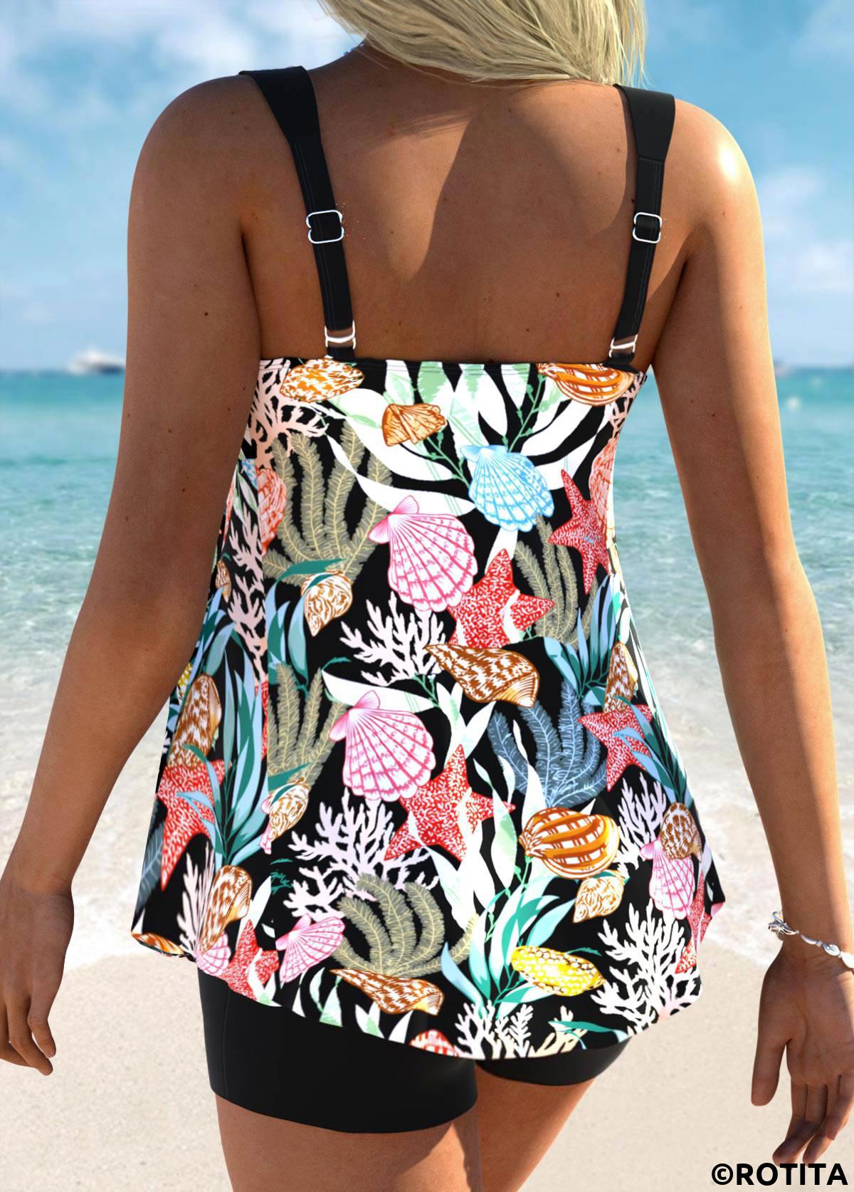 Black swimwear,Animal Print swimwear,ROTITA Tummy Coverage Black Marine Life Print Tankini Set