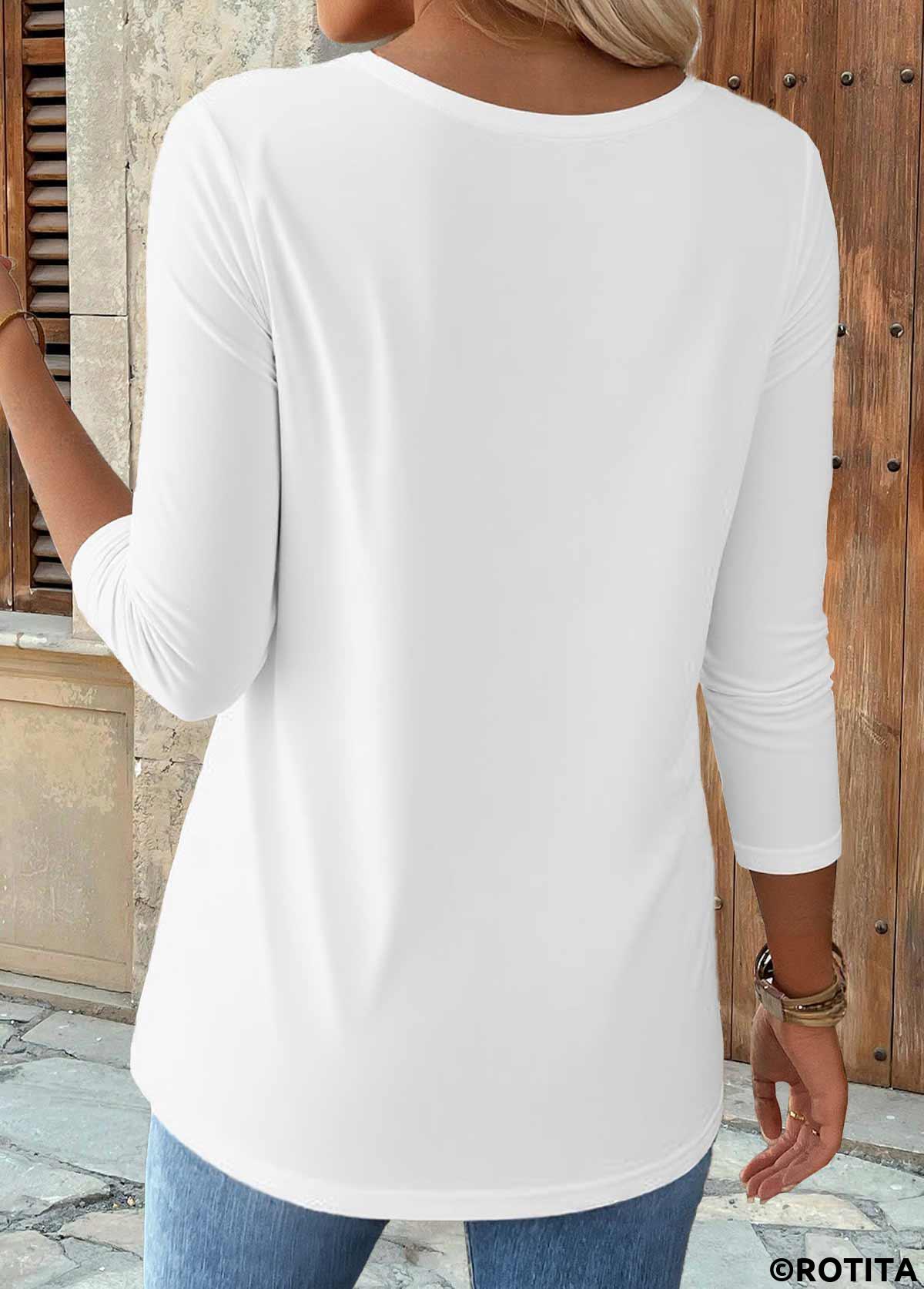 White tops,Plain Color tops,ROTITA Curved Hem White Round Neck 3/4 Sleeve T Shirt