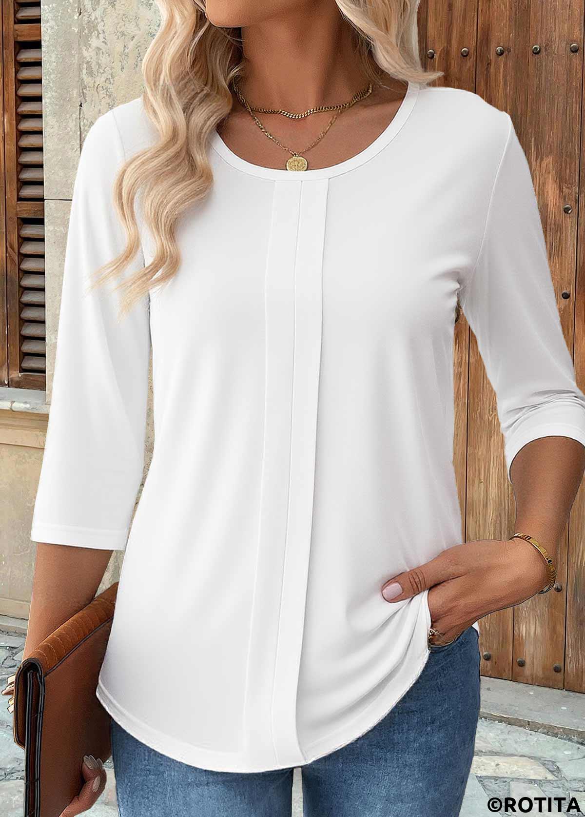 White tops,Plain Color tops,ROTITA Curved Hem White Round Neck 3/4 Sleeve T Shirt