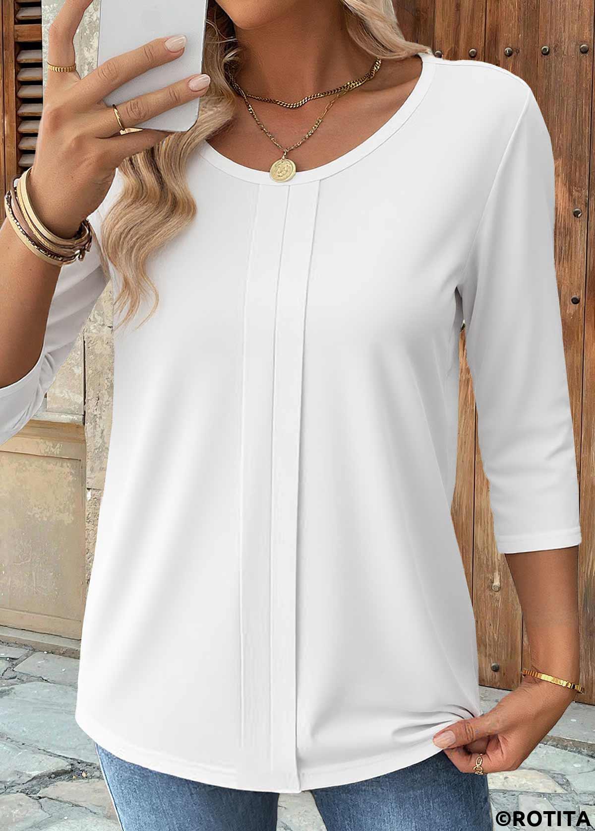 White tops,Plain Color tops,ROTITA Curved Hem White Round Neck 3/4 Sleeve T Shirt