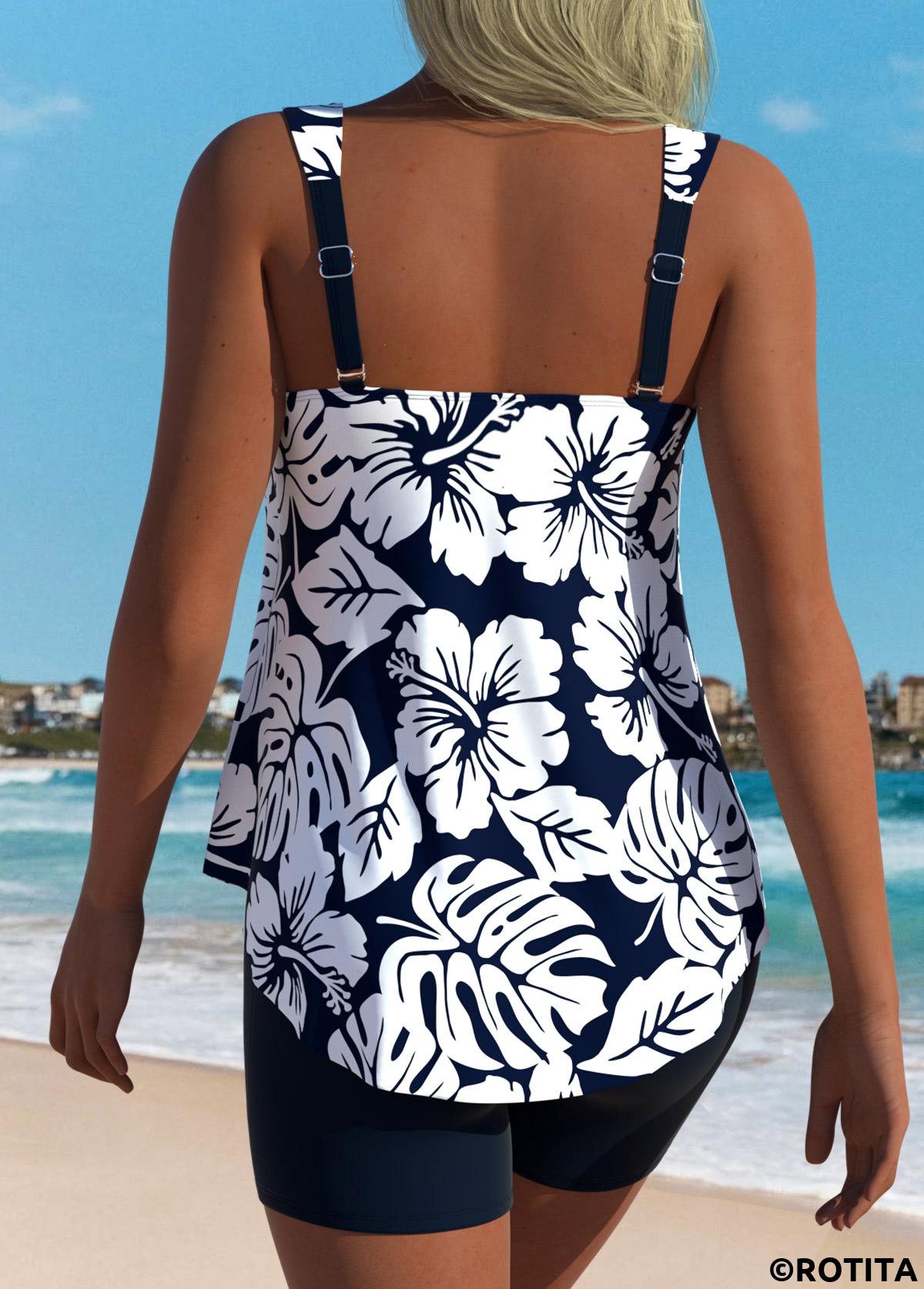 Navy swimwear,Plants swimwear,ROTITA Tummy Coverage Navy Tropical Plants Print Tankini Set