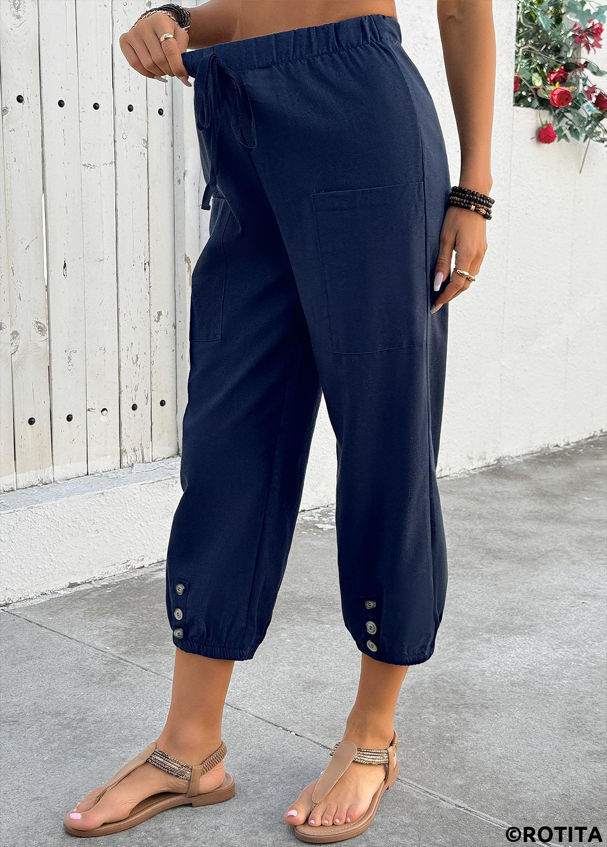 Navy bottoms,Plain Color bottoms,ROTITA Navy Jogger Elastic Waist High Waisted Pants