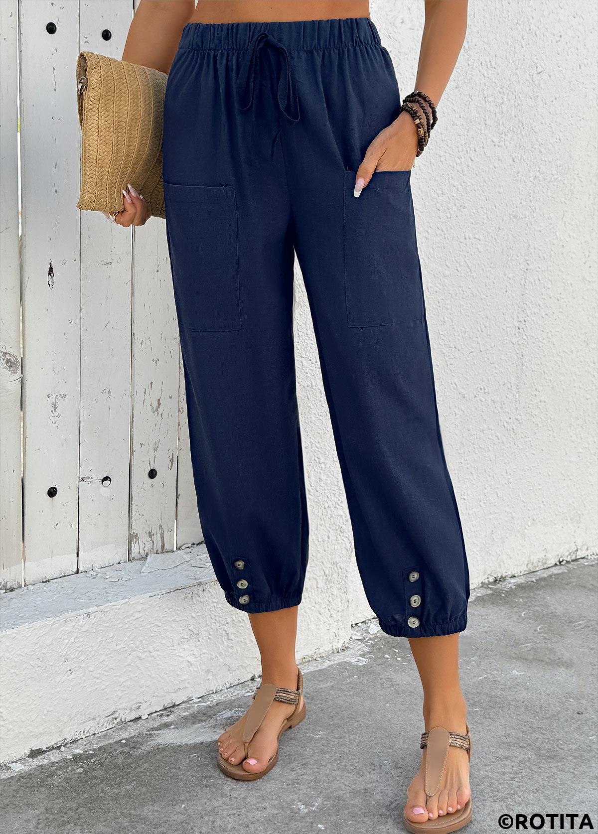 Navy bottoms,Plain Color bottoms,ROTITA Navy Jogger Elastic Waist High Waisted Pants