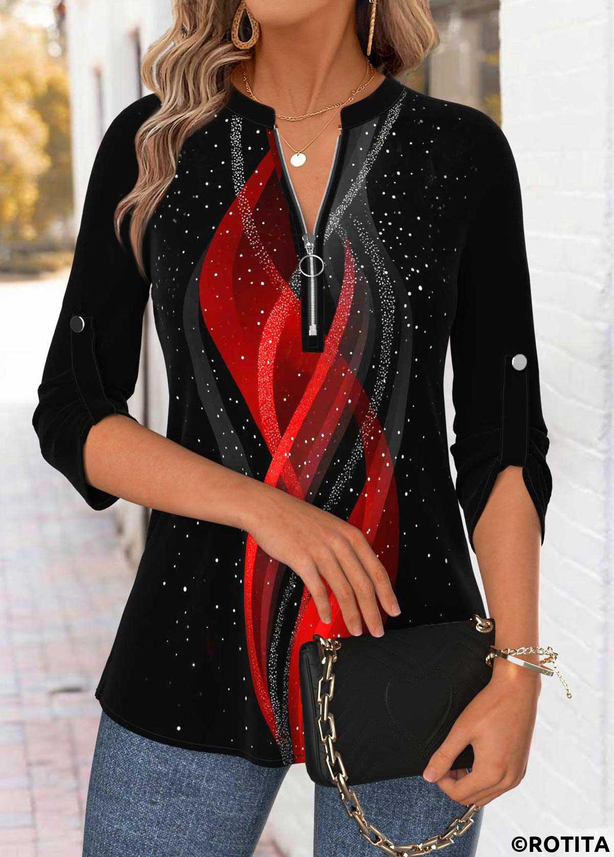 Black tops,Ombre tops,ROTITA Tummy Coverage Ombre Black Split Neck 3/4 Sleeve Blouse