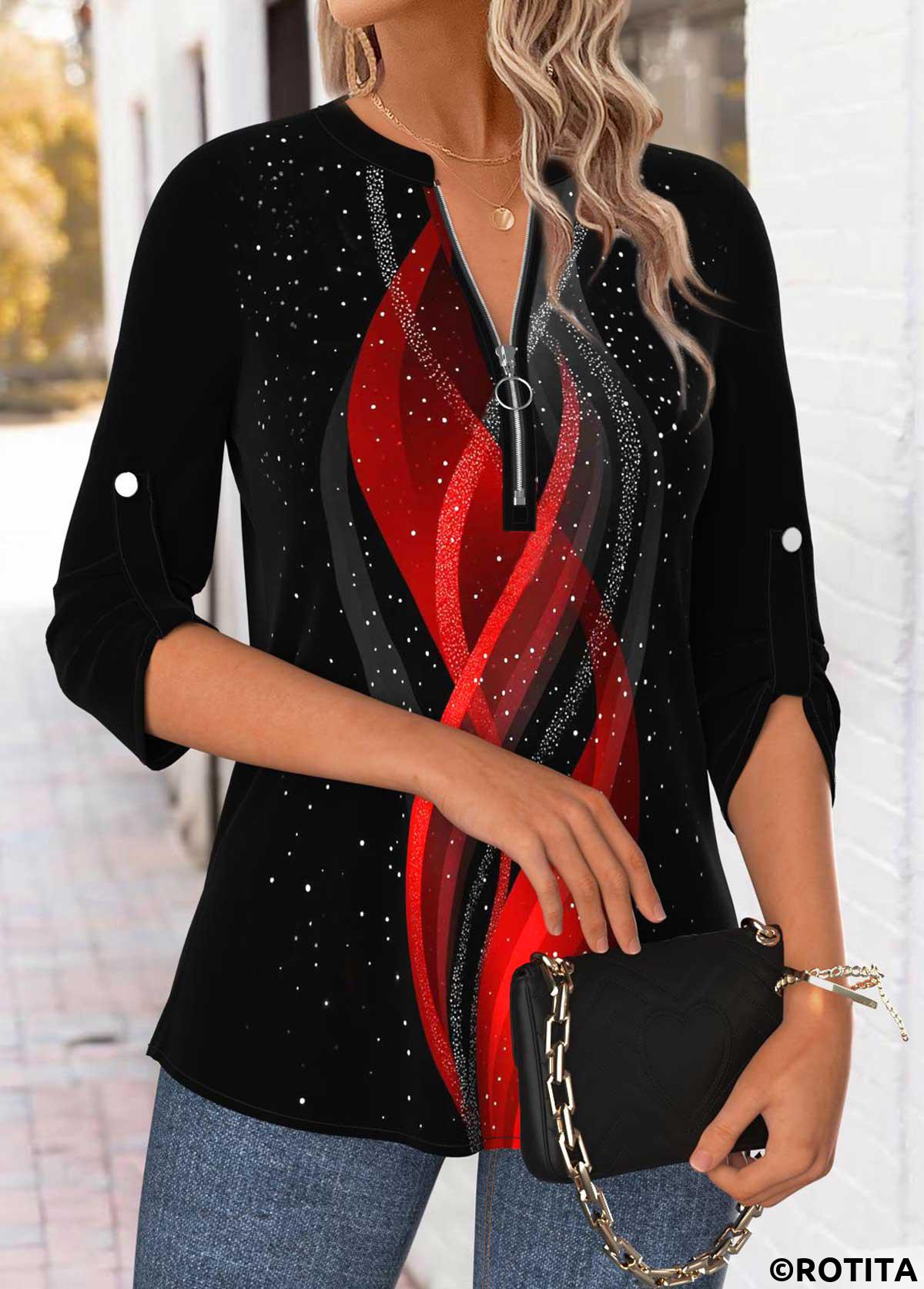 Black tops,Ombre tops,ROTITA Tummy Coverage Ombre Black Split Neck 3/4 Sleeve Blouse