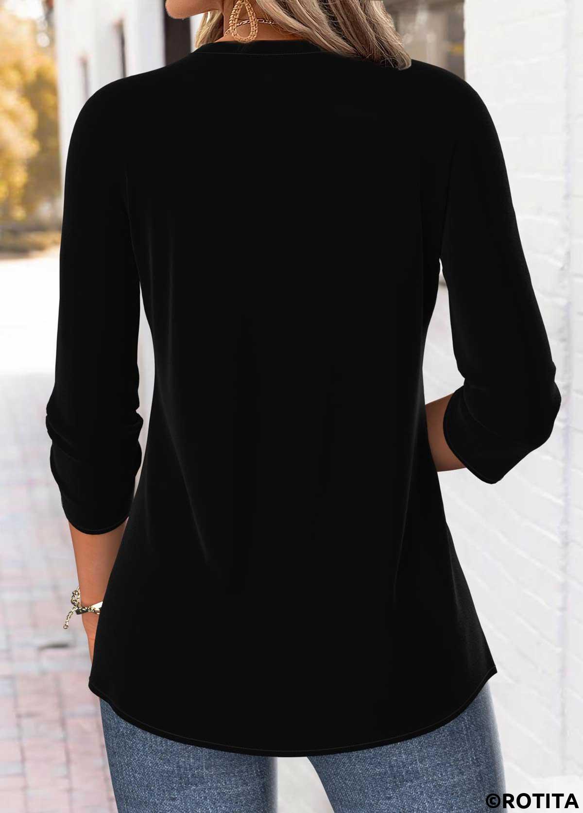 Black tops,Ombre tops,ROTITA Tummy Coverage Ombre Black Split Neck 3/4 Sleeve Blouse