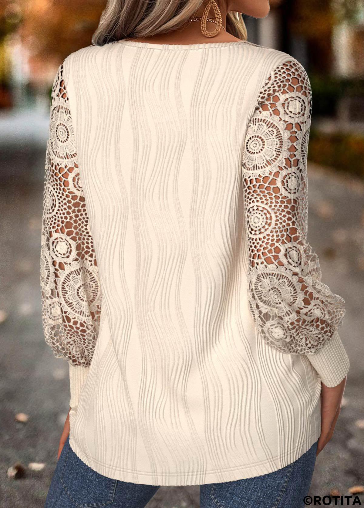 Beige tops,Plain Color tops,ROTITA Tummy Coverage Beige V Neck Long Sleeve T Shirt