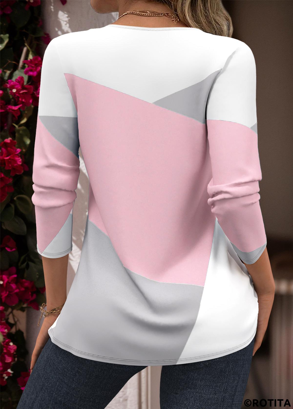 Light Pink tops,Geometric tops,ROTITA Tuck Stitch Geometric Print Blue Split Neck Blouse
