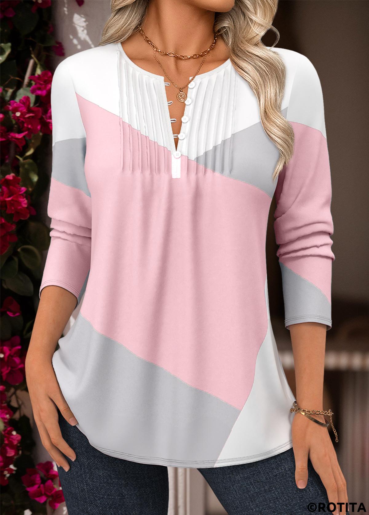 Light Pink tops,Geometric tops,ROTITA Tuck Stitch Geometric Print Blue Split Neck Blouse