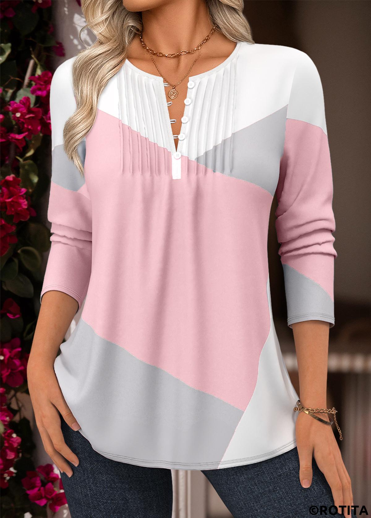Light Pink tops,Geometric tops,ROTITA Tuck Stitch Geometric Print Blue Split Neck Blouse