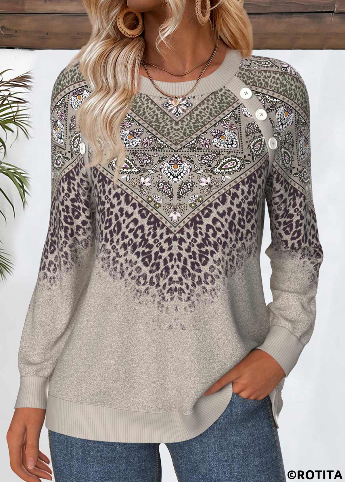 Gray Brown tops,Tribal tops,ROTITA Tummy Coverage Tribal Print Gray Brown Round Neck Sweatshirt