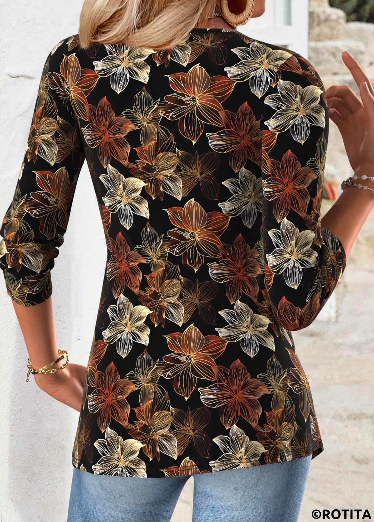 Black tops,Floral tops,Plants tops,ROTITA Tummy Coverage Floral Print Black V Neck T Shirt