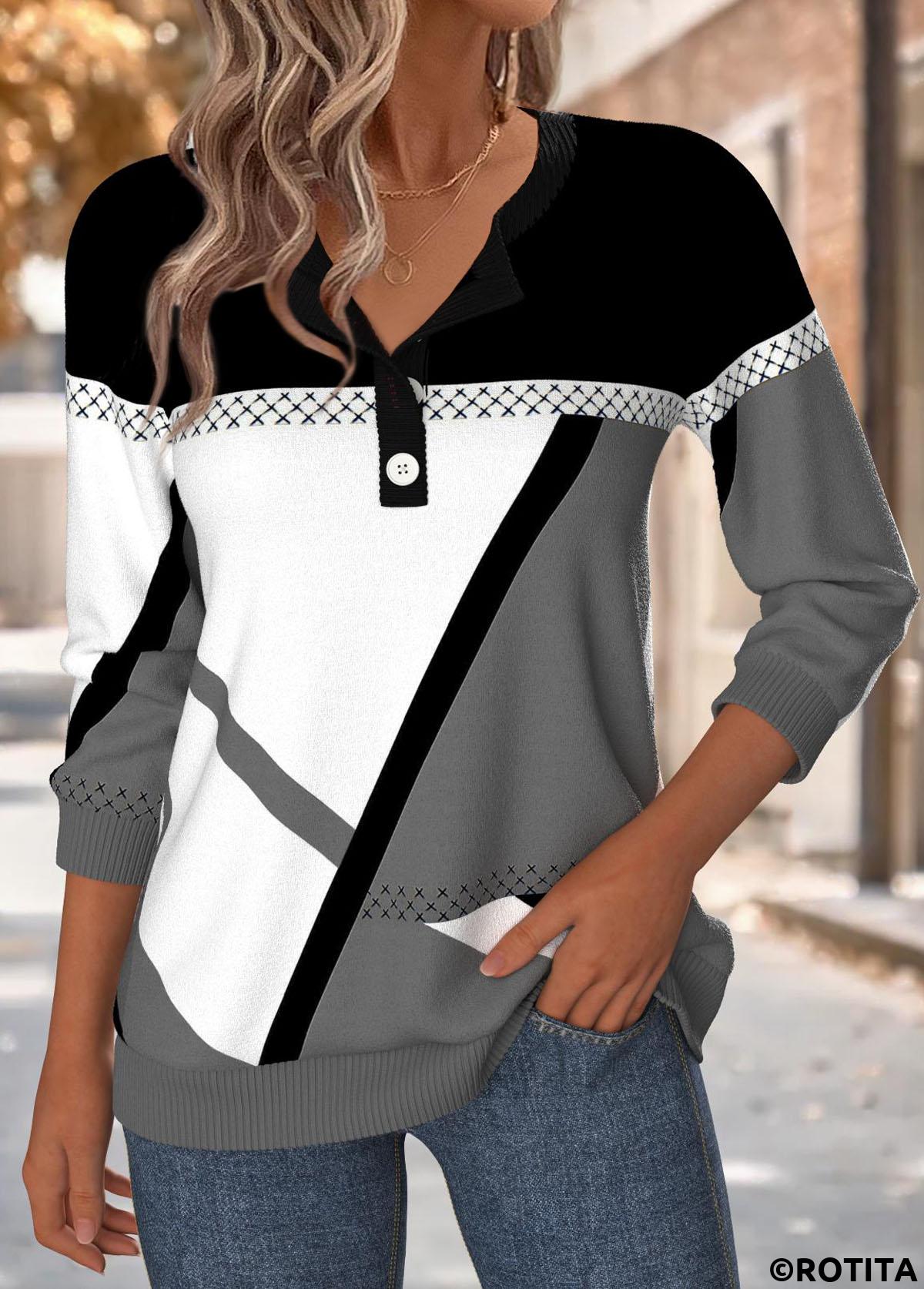 Multi Color tops,Geometric tops,ROTITA Tummy Coverage Geometric Print Multi Color Round Neck Sweatshirt