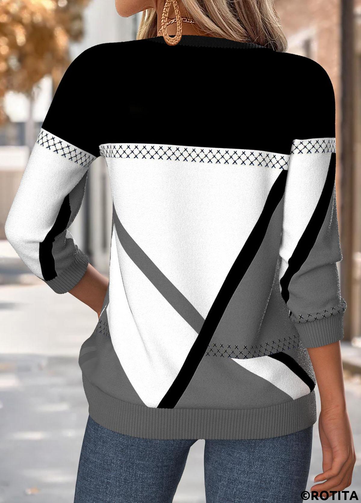 Multi Color tops,Geometric tops,ROTITA Tummy Coverage Geometric Print Multi Color Round Neck Sweatshirt