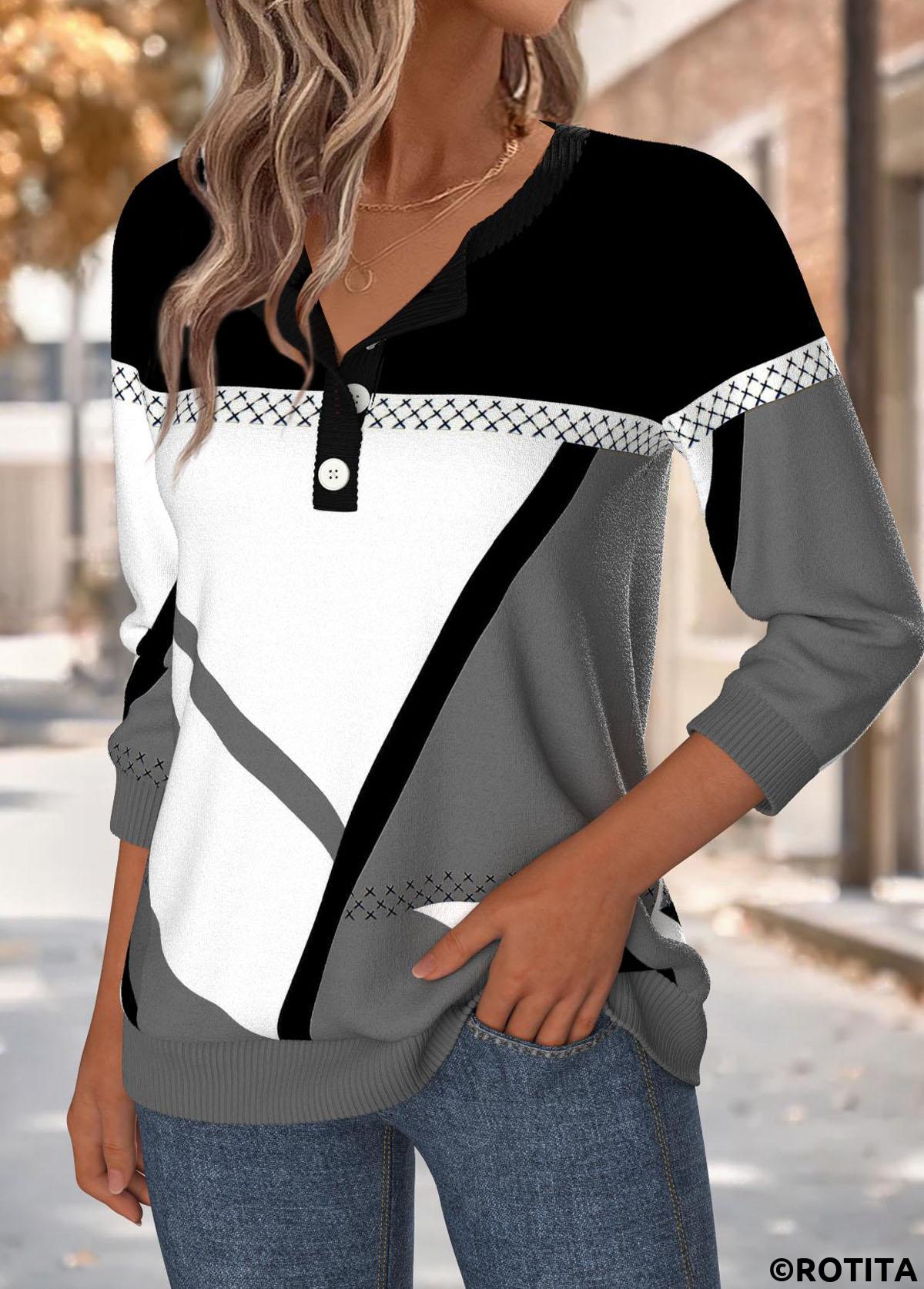 Multi Color tops,Geometric tops,ROTITA Tummy Coverage Geometric Print Multi Color Round Neck Sweatshirt
