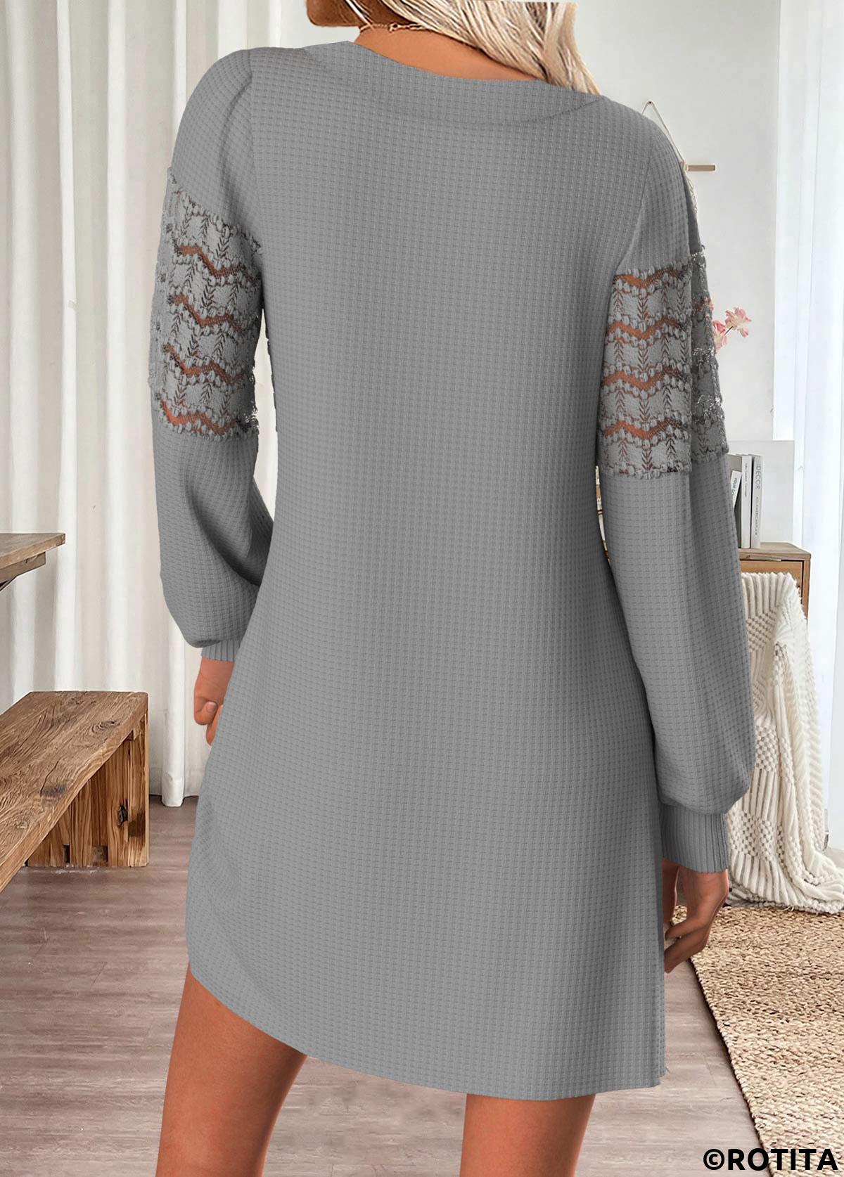 Grey dresses,Plain Color dresses,Casual dresses,ROTITA Tummy Coverage Grey Short V Neck Long Sleeve Dress