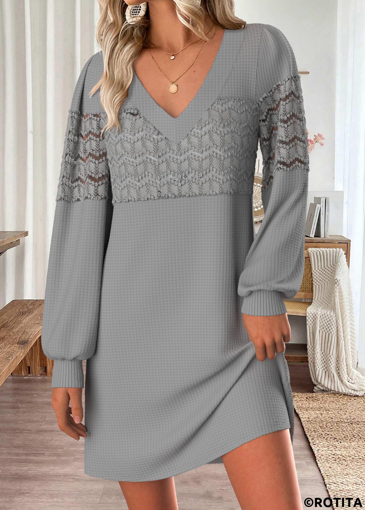 Grey dresses,Plain Color dresses,Casual dresses,ROTITA Tummy Coverage Grey Short V Neck Long Sleeve Dress