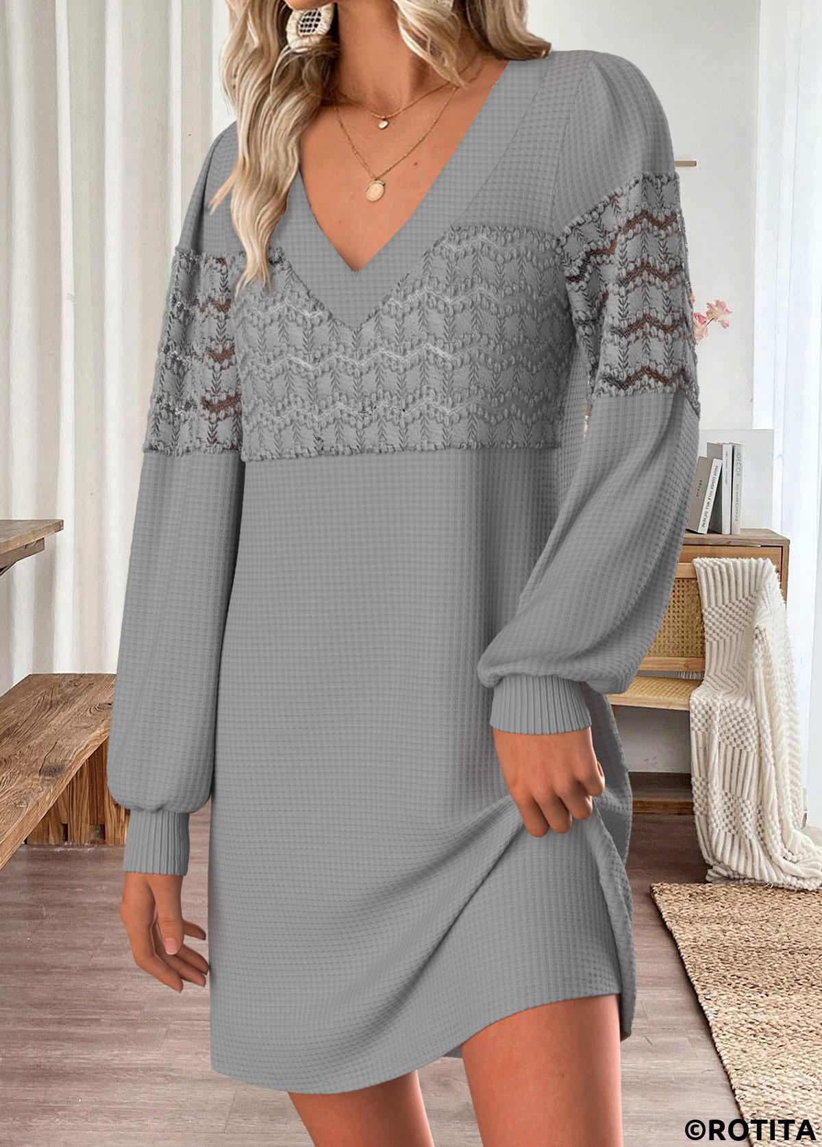 Grey dresses,Plain Color dresses,Casual dresses,ROTITA Tummy Coverage Grey Short V Neck Long Sleeve Dress