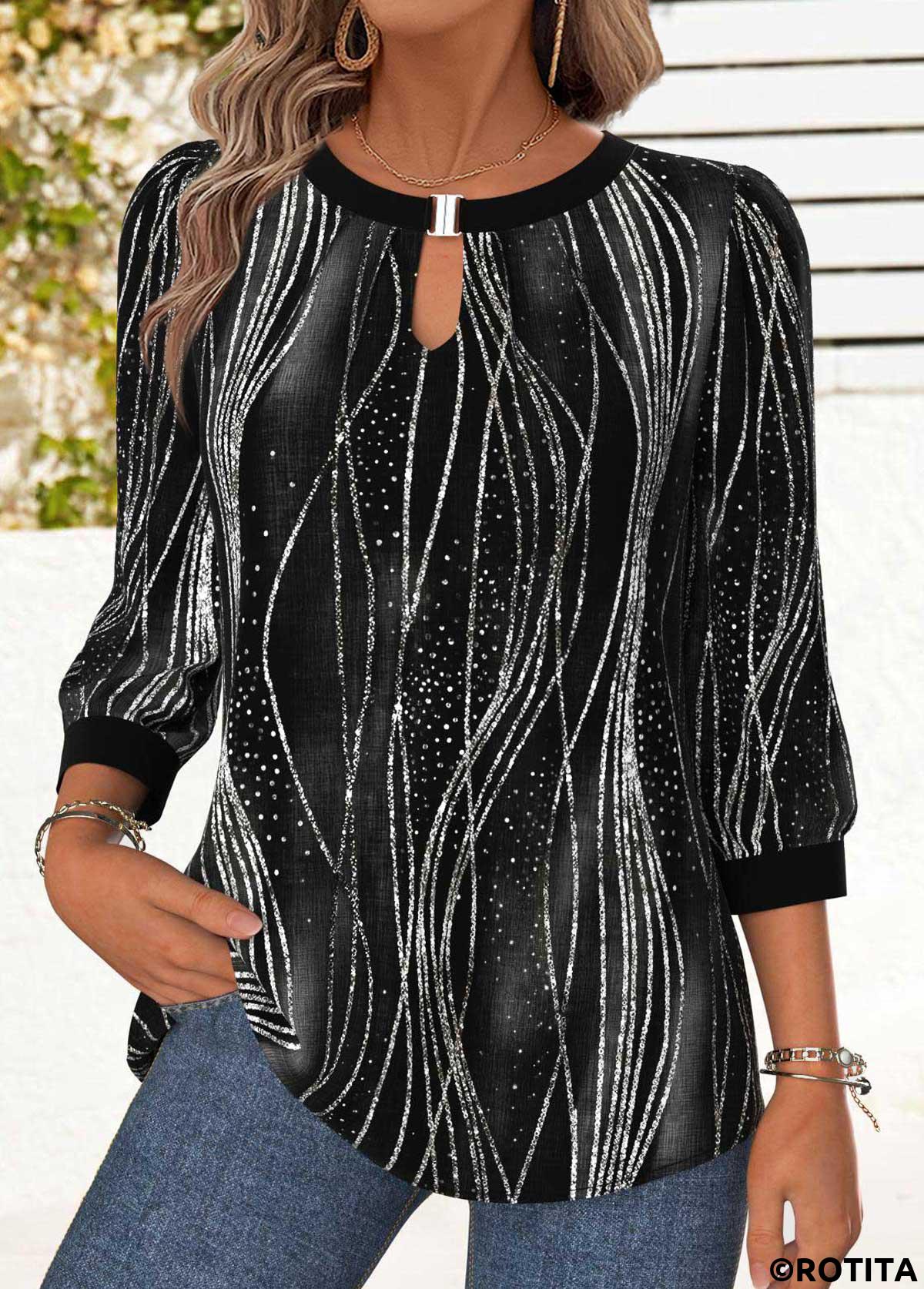 Black tops,Ombre tops,ROTITA Tummy Coverage Ombre Black Round Neck 3/4 Sleeve Blouse