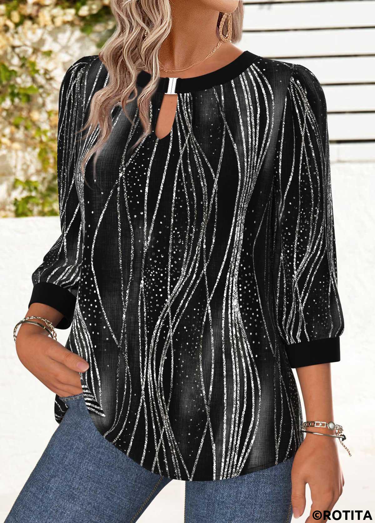 Black tops,Ombre tops,ROTITA Tummy Coverage Ombre Black Round Neck 3/4 Sleeve Blouse