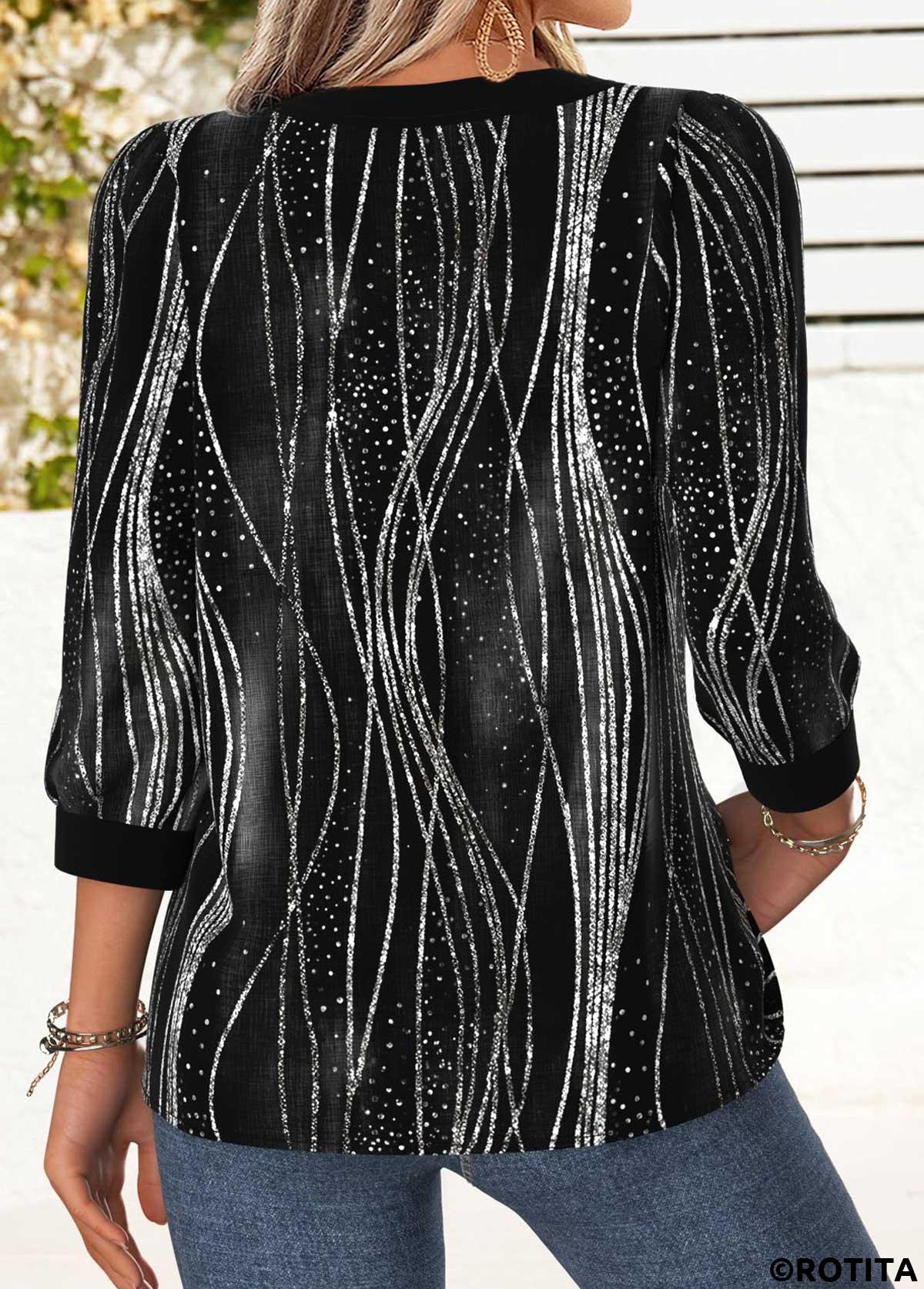 Black tops,Ombre tops,ROTITA Tummy Coverage Ombre Black Round Neck 3/4 Sleeve Blouse