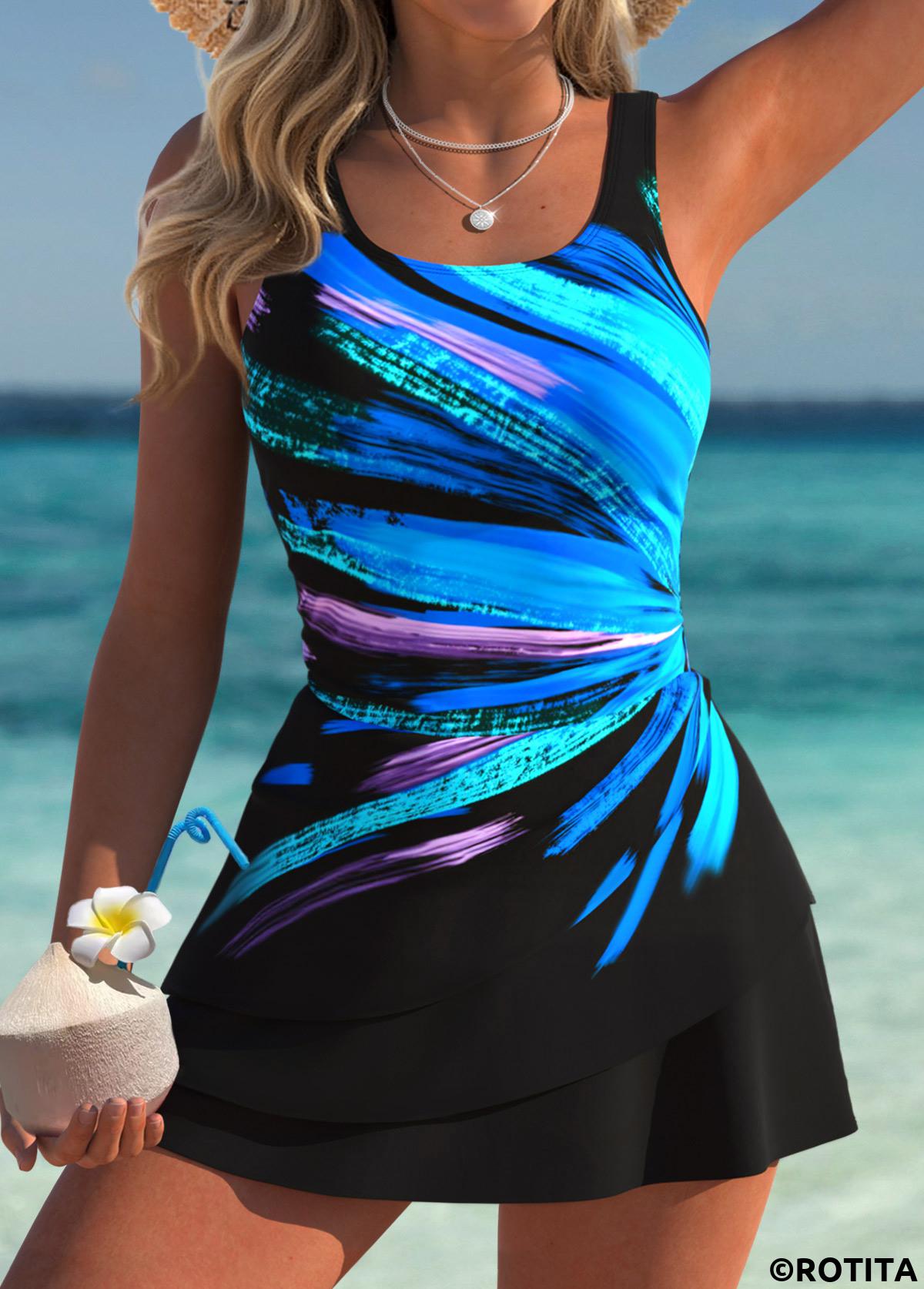 Black swimwear,Dazzle Colorful swimwear,ROTITA Tummy Coverage Black Dazzle Colorful Print One Piece Swimdress