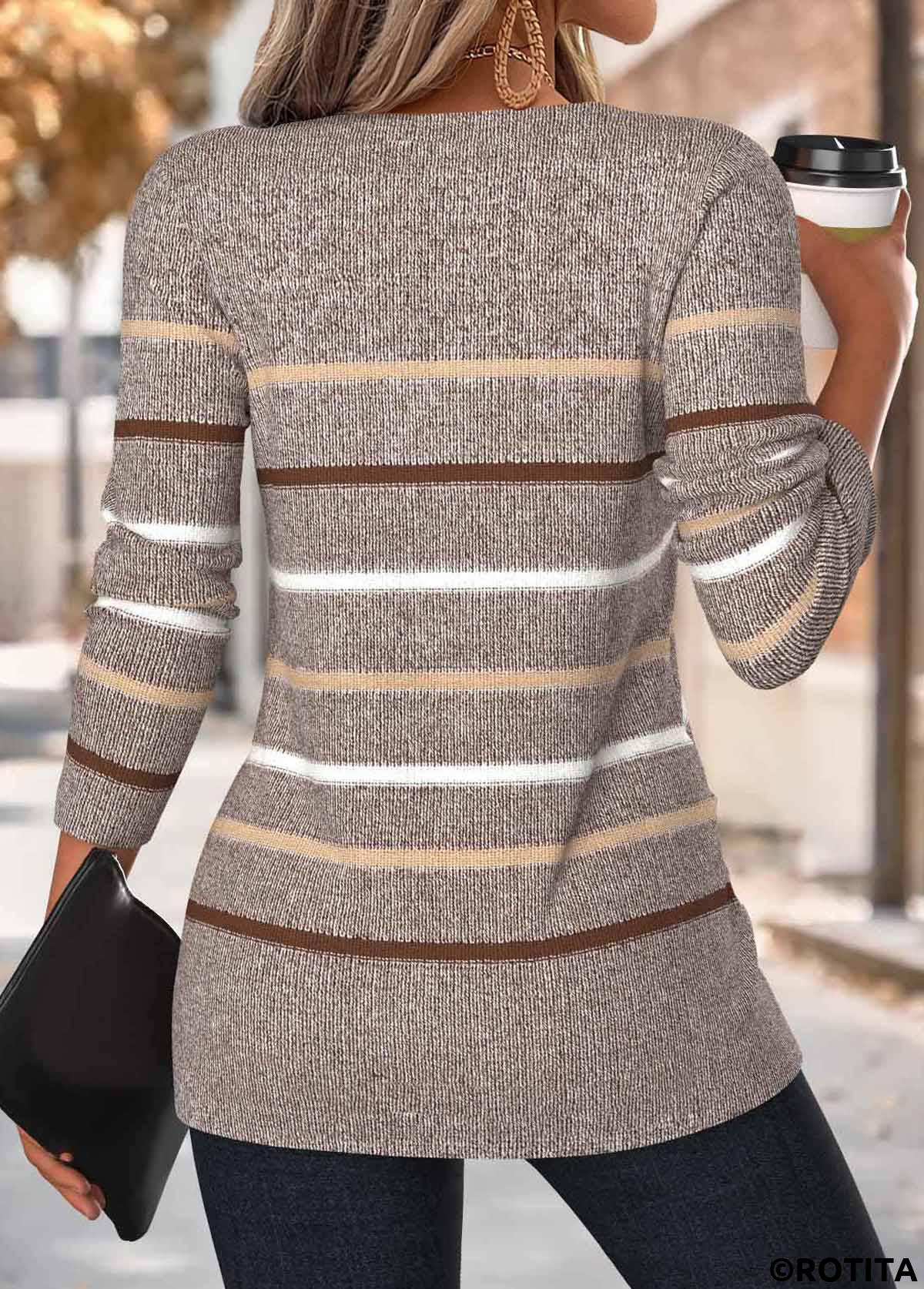 Dark Camel tops,Striped tops,Geometric tops,ROTITA Tummy Coverage Multi Stripe Print Dark Camel T Shirt