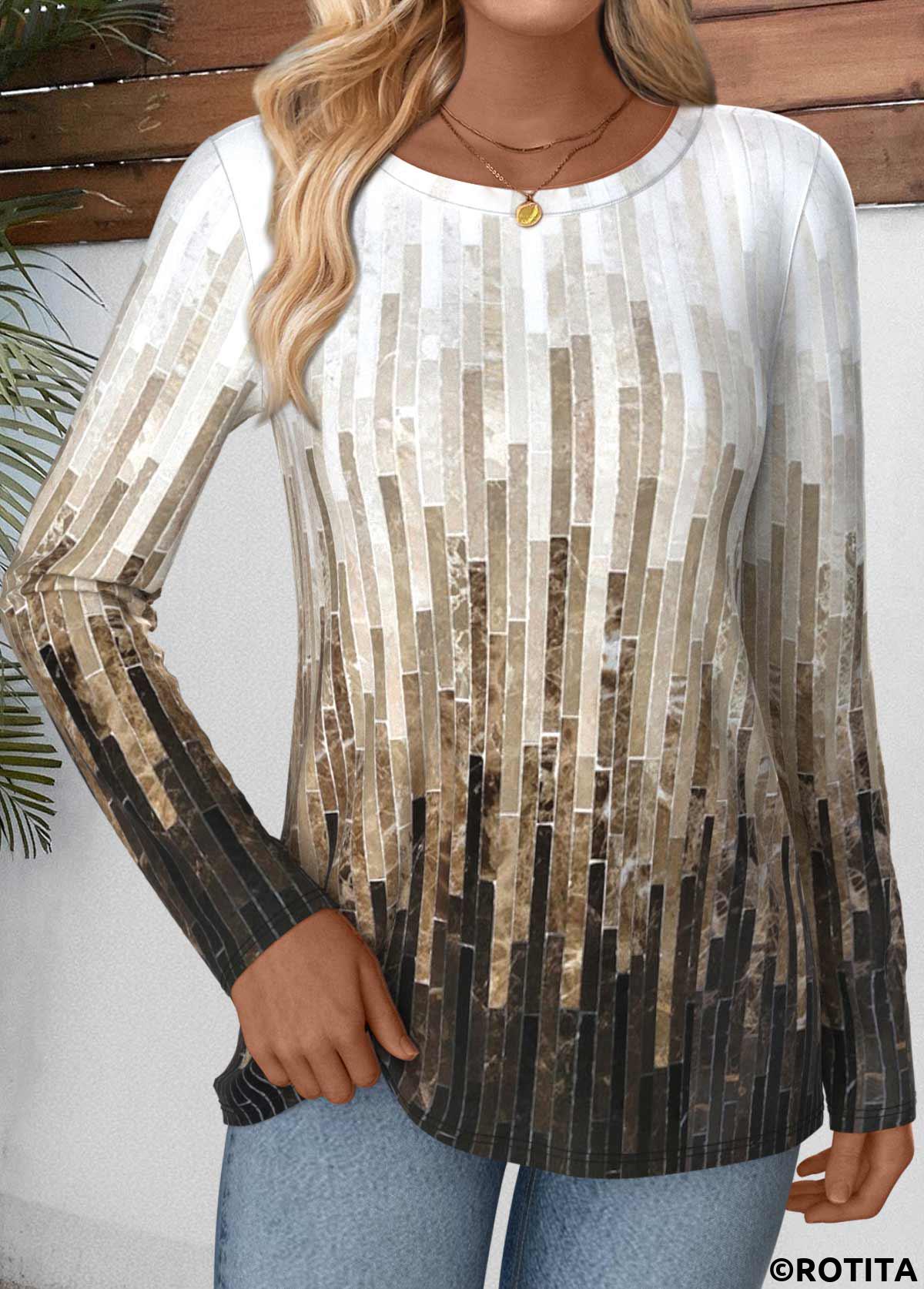 Multi Color tops,Geometric tops,ROTITA Tummy Coverage Geometric Print Multi Color T Shirt