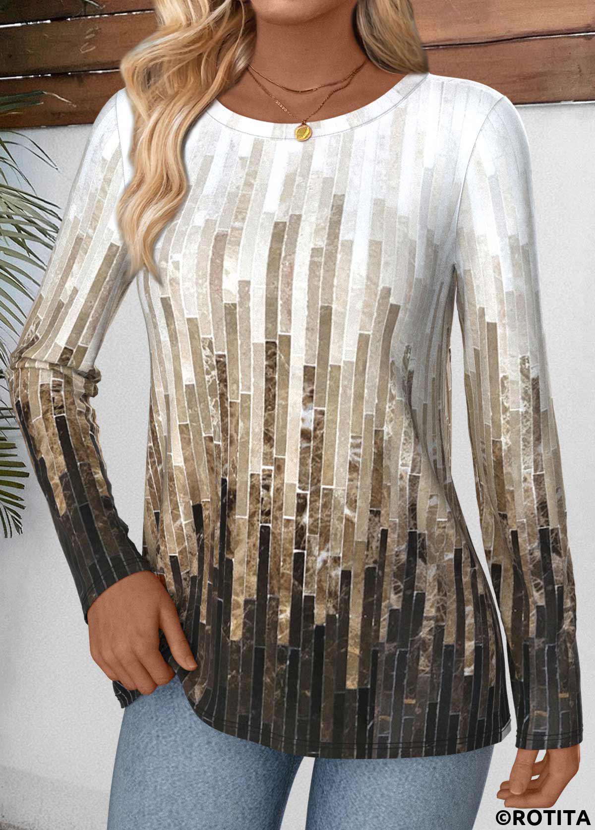Multi Color tops,Geometric tops,ROTITA Tummy Coverage Geometric Print Multi Color T Shirt