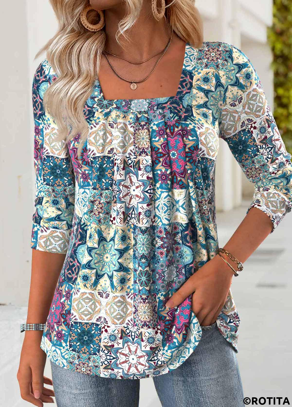 Multi Color tops,Tribal tops,ROTITA Tummy Coverage Tribal Print Multi Color T Shirt
