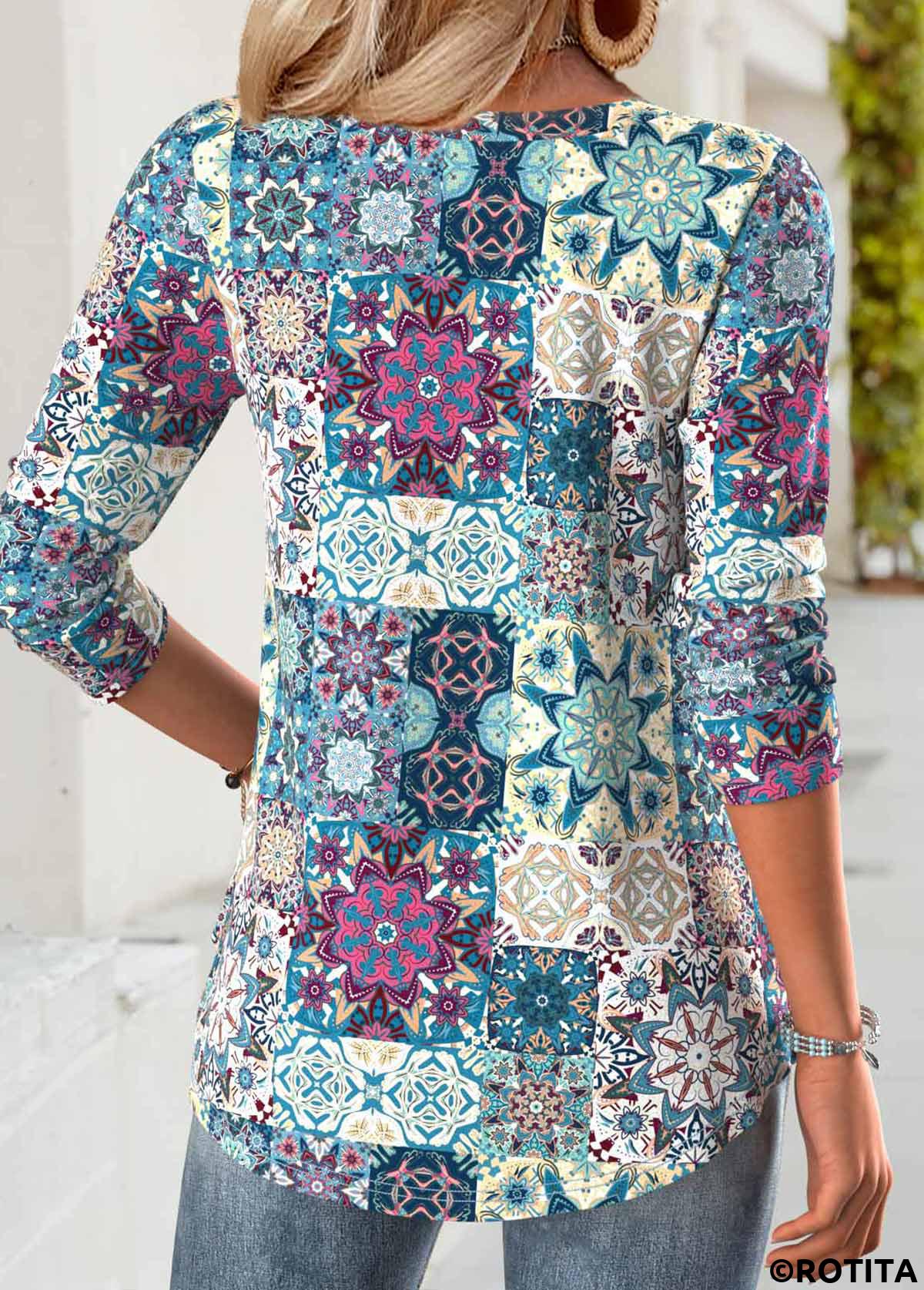 Multi Color tops,Tribal tops,ROTITA Tummy Coverage Tribal Print Multi Color T Shirt