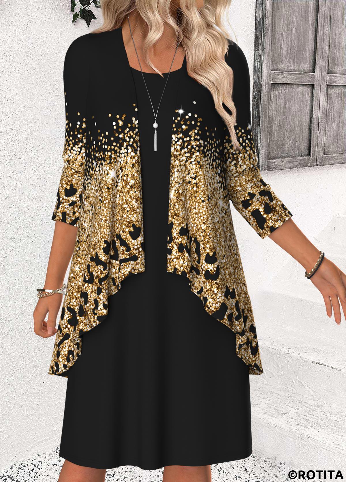 Black dresses,Ombre dresses,Casual dresses,ROTITA Tummy Coverage Ombre Black Round Neck Dress and Cardigan