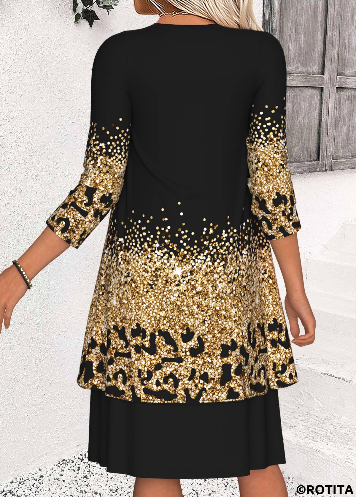 Black dresses,Ombre dresses,Casual dresses,ROTITA Tummy Coverage Ombre Black Round Neck Dress and Cardigan