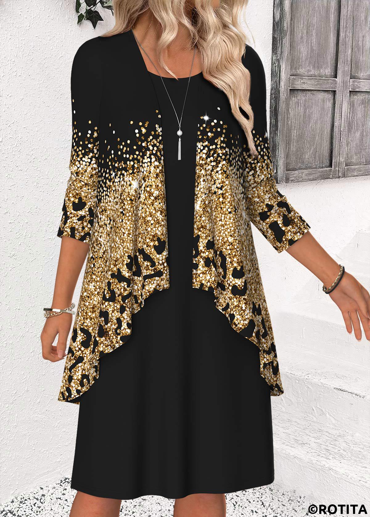 Black dresses,Ombre dresses,Casual dresses,ROTITA Tummy Coverage Ombre Black Round Neck Dress and Cardigan