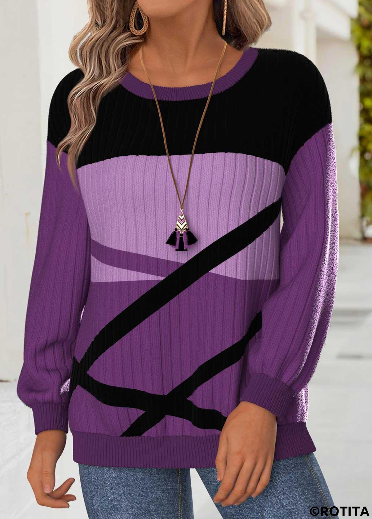 Purple tops,Geometric tops,ROTITA Tummy Coverage Geometric Print Purple Round Neck Sweatshirt