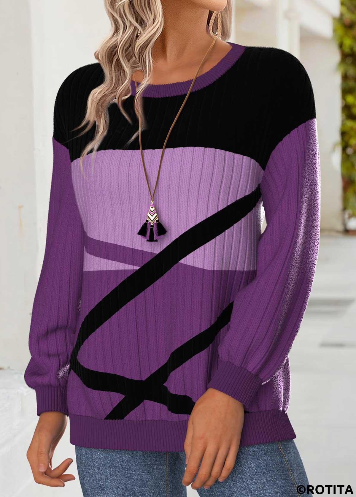 Purple tops,Geometric tops,ROTITA Tummy Coverage Geometric Print Purple Round Neck Sweatshirt