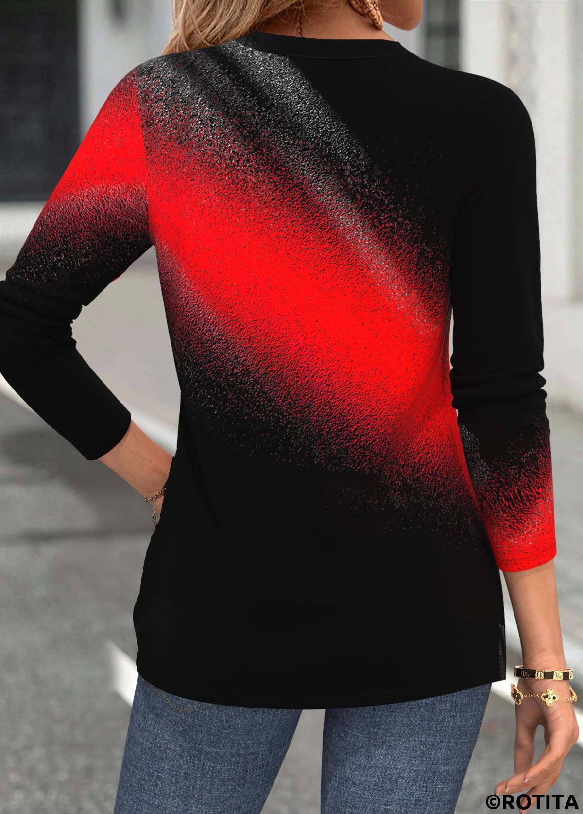 Red tops,Ombre tops,ROTITA Curved Hem Ombre Red Split Neck Long Sleeve Blouse